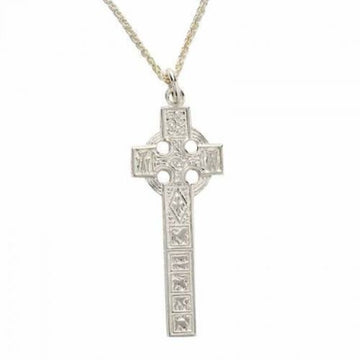 sterling silver celtic cross long and chunky on a chain, this is a replica of the high cross of Moone