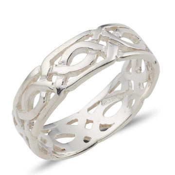 sterling silver celtic design ring it is 8mm wide and the design is fully around the ring,  it is a pierced out design