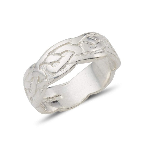 sterling silver celtic design ring with an embossed pattern and a wavy edge, this is the ladies 5mm version