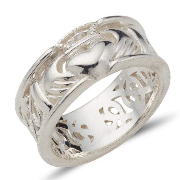 sterling silver 8mm wide calddagh band, there is a claddagh symbol in the centre of the ring with a pierced celtic design going around the ring