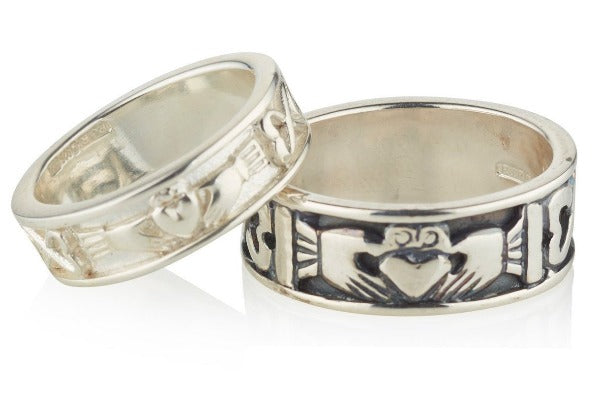 sterling silver claddagh wedding bands matching his and hers, the ladies is 6mm and the gents is wider at 8mm,  the gents is shown with an oxidised finish