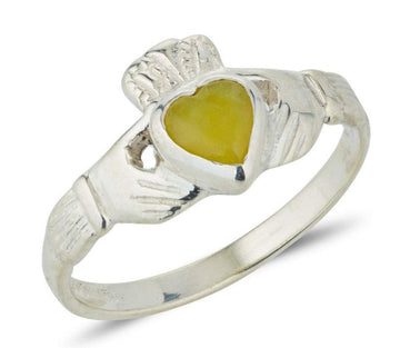 sterling silver ladies claddagh ring with connemara marble heart shaped stone
