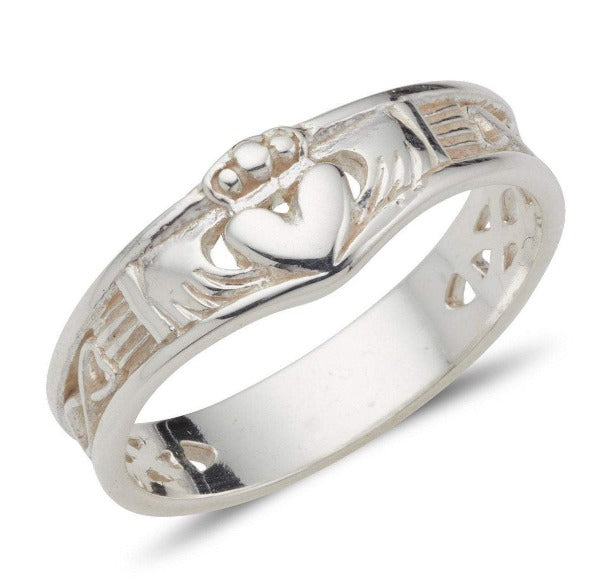 streling silver ladies claddagh ring in the shape of a wishbone with a celtic design band