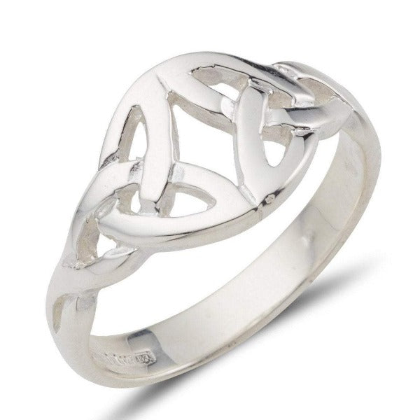sterling silver twin celtic trinity knot ring,  the 2 knots are kissing at the widest point, as shown on a ladies hands
