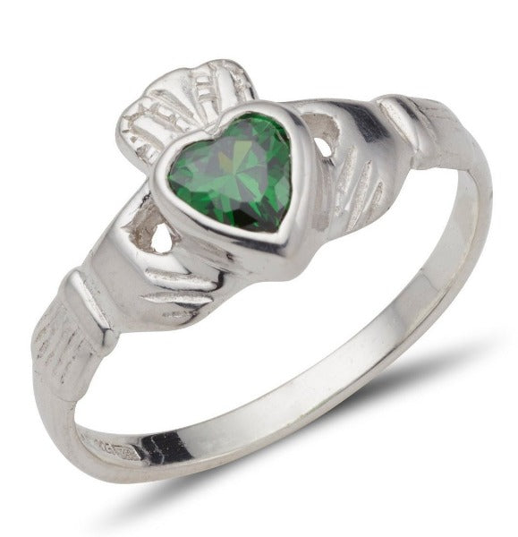 white gold ladies claddagh ring with heart shaped birthsone