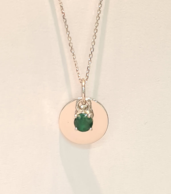 9ct white gold disc and chain with hand engraved initial and birthstone