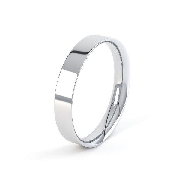 white gold easy fit wedding band with a plain polished finish and curved inside,.