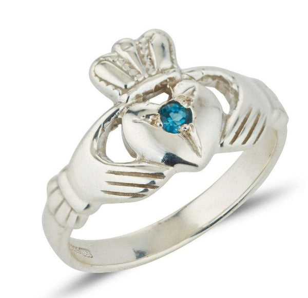 white gold birthstone claddagh ring with a small round birthstone set in the centre of the heart