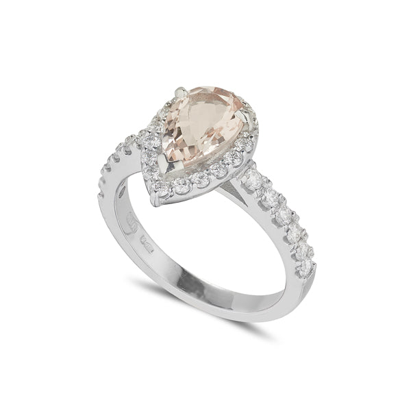18ct white gold morganite and diamond pear shape halo dress ring