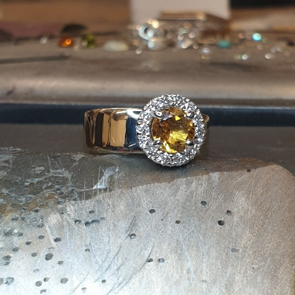 18ct yellow gold wide shank ring, here we have mounted a white gold cluster halo setting with Citrine and diamond