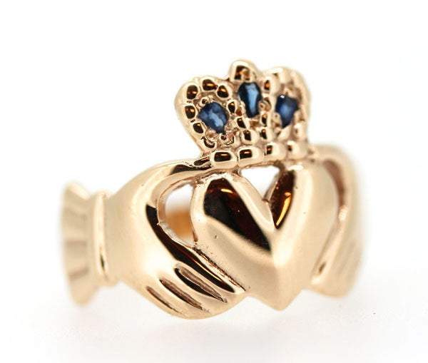 9ct yellow gold large head claddagh ring, it is 15mm from crown to the bottom of the heart, I have set 3 pear shaped sapphires in the crown