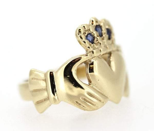 9ct yellow gold large head claddagh ring, it is 15mm from crown to the bottom of the heart, I have set 3 pear shaped sapphires in the crown