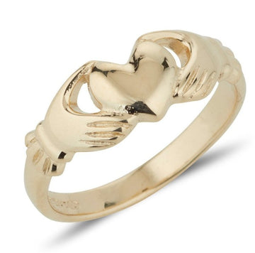 yellow gold ladies friendship ring , the 2 hands are holding the heart.
