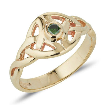 yellow gold Twin celtic trinity triskle knot ring the knots are touching at the widest point and we have set a small round precious gemstone in the centre of the ring, it is bezel set