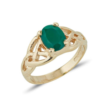yellow gold twin celtic trinity triskle knot ring set with a 8mm * 6mm oval brilliant cut green agate within 4 claws